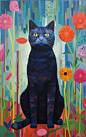 An oil painting shows a cat and flowers in one pose, flowers, sun, in the style of light maroon and royal blue and poppy pink, berlin secession, contemporary folk art, confessional, green accents, emotional figures