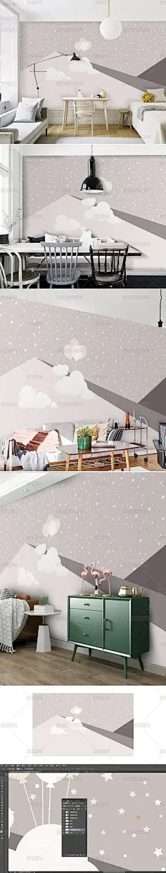 北欧现代简约小清新抽象几何山水波点背景墙网红壁纸