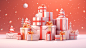 C4d style, oc rendering, christmas background, minimalist, clean, perfect look, cartoon scenes with gifts, illustrated advertisements, sharp, ultra HD