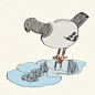 a drawing of a bird standing on top of a puddle in the water with it's beak open