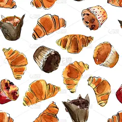 图案羊角面包在白色的背景上用水彩画。素描的食物。