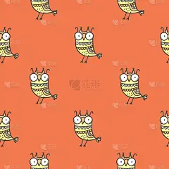 无缝图案与可爱的卡通猫头鹰在红色的背景。有趣的涂鸦矢量墙纸。线条艺术动物版画。
