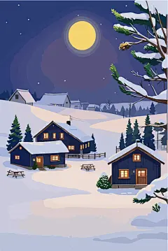 卡通森林冬季夜晚小木屋