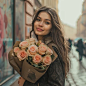 smiling russian woman 25 years old with a bouquet of roses in city