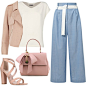 A fashion look from March 2018 featuring white shirt, pink jacket and wide leg pants. Browse and shop related looks.