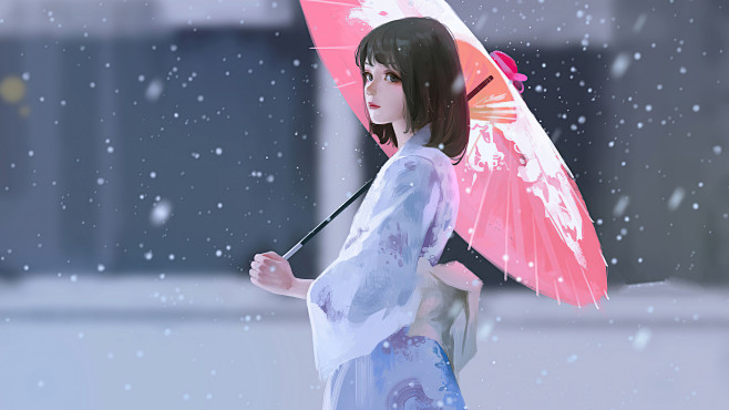 动漫3840x2160动漫女孩伞和服下雪...
