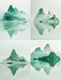 咒语：Minimalism, large areas of white space, mountain shape, water reflection, perspective aesthetics, light green, soft gradient colors, a minimalist painting from ancient China, a lonely small boat, transparent model, macro zoom, veil, veil material, pure