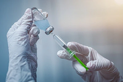 Syringe, medical injection in hand. Vaccination equipment.