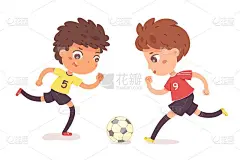男孩子们一起踢足球。两个快乐的小孩在运动制服矢量插图。在白色的背景下，微笑的孩子们用脚踢着球