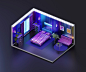 Photo isometric view night bed room open inside interior architecture, 3d rendering.
