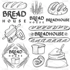 一套矢量烘焙元素和手写的老式字体。单色插图, 面包, 百吉饼, 面包, 牛角面包, 卷, 蛋糕, 椒