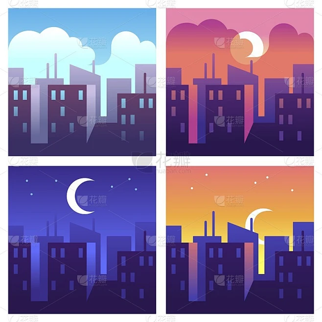 城市一天时间。清晨和中午，傍晚和夜晚的城市景观，不同时间的建筑和摩天大楼，城市景观概念，平面风格的矢素材-花瓣网