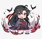 This may contain: an anime character with long black hair sitting on top of a white background and birds flying around