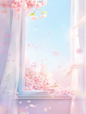 a pink bouquet of fresh air and cherry blossom flowers in front, in the style of dreamlike illustration, windows vista, soft and dreamy depictions, flowing draperies, uhd image, scattered composition, light bronze and sky-blue