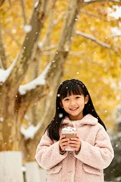 冬季奶茶热饮女孩儿童冬装立冬摄影图