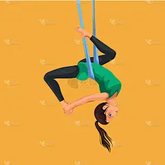 飞行瑜伽平面海报与女孩在运动服装做单腿国王或倒鸽子空中姿势在吊床矢量插图