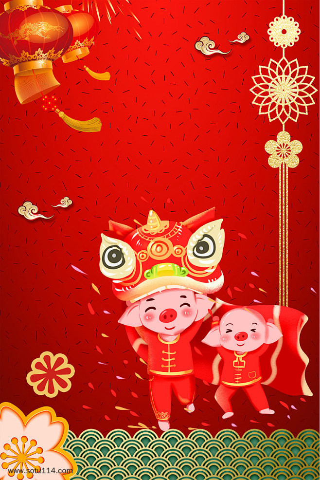 猪年背景舞狮灯笼中国结海报