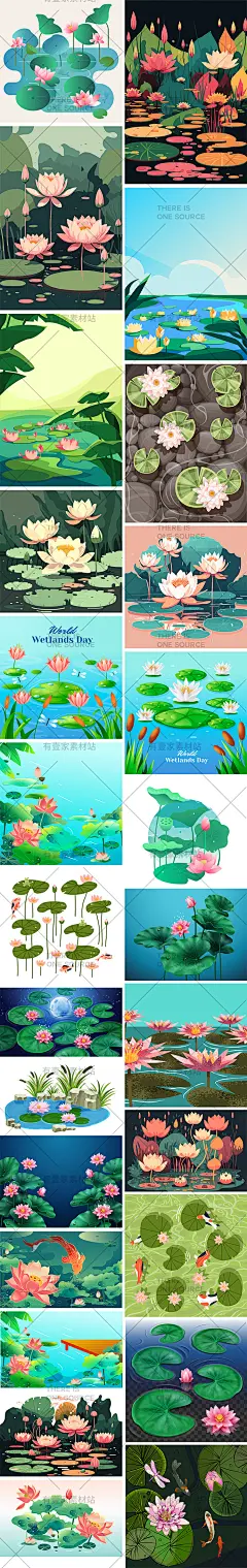 手绘植物荷叶睡莲荷花池莲花池装饰景观背景插画AI矢量设计素材-淘宝网