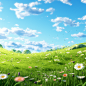 The green grass of the meadow against a blue sky, in the style of whimsical anime, 32k uhd, flower and nature motifs, realistic and hyper - detailed renderings, pastoral charm, soft and dreamy atmosphere