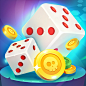 This may contain: two dices and some gold coins on a blue background
