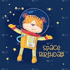 明信片海报可爱的宇航员老虎在太空与星座和星星卡通风格。手绘。