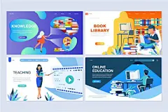 在线培训教育主题扁平化设计着陆页概念2.5D插画素材 Set of Landing Page Templates Flat Concept