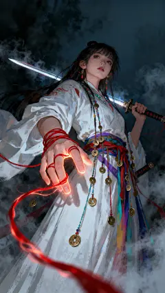 人物插画，叠涂，剑芒，弥散渐变，色彩饱满有层次。古风 模糊深色背景，画面昏暗，阴冷。白衣少女，手指缠着发光的红线，诡异民俗风格，红线，小铜钱，流动感，神秘，氛围感拉满，模糊雾气，冷色调。繁复垂坠，画面光影明暗对比。模糊红线前景。倾斜构图，仰视角度。