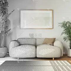 建筑师室内设计理念：手绘草稿未完成的工程成为现实，木制客厅与面料沙发和室内植物。地毯和框架模型