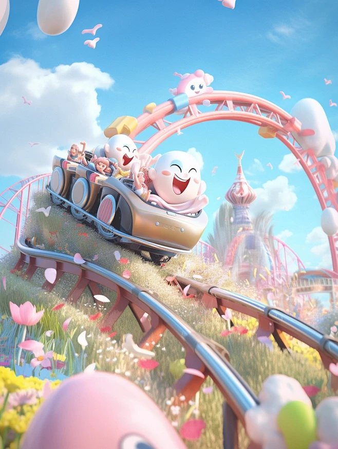 3D modeling poster, an oversized roller coaster rushing out of the ...