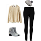 A fashion look from December 2015 featuring brown cable knit sweater, stretch skinny pants and grey ankle booties. Browse and shop related looks.