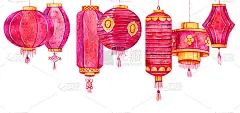 中国传统的纸灯笼挂在纸的顶端。手绘水彩素描插图