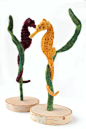 Needle Felted, Yellow Seahorse, Seahorse Sculpture, Seahorse Art : This needle felted, yellow seahorse is felted over a wire armature and securely attached to a birch wood base. Her tale is wrapped about a blade