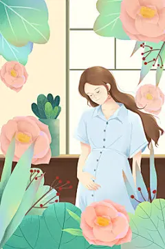 小清新手绘孕妇妈妈人物原创插画背景