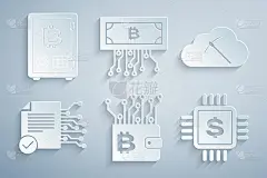 集加密货币钱包、云挖矿、智能合约、带美元的处理器芯片、比特币电路和权益证明图标。向量