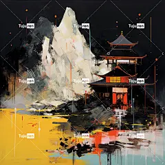 山顶寺庙鲜艳色彩雾蒙蒙的山峰意象金色和黑色海报