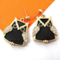 Large Owl Bird Dangle Stud Earrings in Black on Gold with Rhinestones@北坤人素材