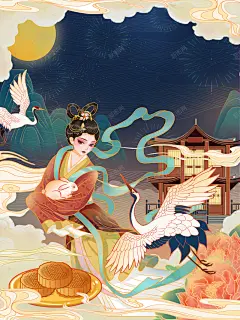 国潮仙鹤嫦娥抱兔手绘元素高清素材 亭台 仙鹤 国潮 嫦娥抱兔 手绘元素 背景底图 背景 设计图片 免费下载