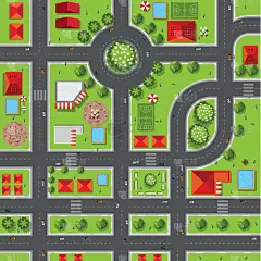 城市的街道、 公路、 房屋、 树梢、 向量的顶视图