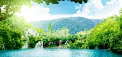 #采集大赛#森林,天空,瀑布,水,高山,宽屏风景桌面壁纸@北坤人素材
