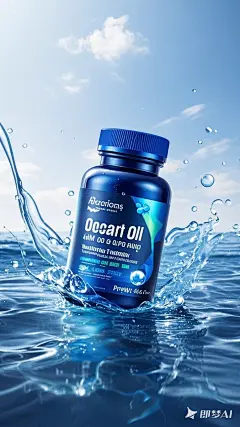 电商海报风格，鱼油产品，瓶身为深蓝色，搭配同色系瓶盖，标签主体也是深蓝色，有蓝绿渐变的波浪形图案装饰，画面整体是蓝色，颜色深一点的蓝色水面，淡蓝色的天空，产品周围有水花环绕 (1)