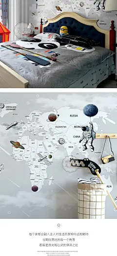 太空地图墙纸儿童房墙布男孩星空月亮卡通环保壁纸宇航员壁布壁画-淘宝网