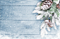 旧木材纹理与冰雪的冷杉树汁圣诞背景