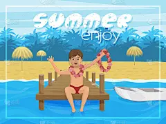 夏日明信片，热带风景和一个男孩在码头上。享受夏天。天堂岛。蓝色的大海。卡通风格。贺卡、包装、广告或模