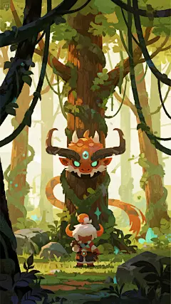 jimeng-2025-07-08-9543-密林暖色调的，Q版游戏的场景，boss关卡，中心对称构图，卡通风格，