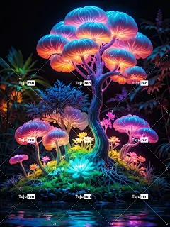 Ai产生的 森林 幻想 自然 发光的 背景 河 水 3D 渲染