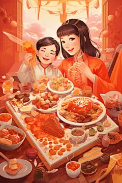 新年主题龙年除夕夜年夜饭插画