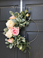 Modern summer wreath lambs ear wreath Our bohemian hoop wreath has a mix of flowers and gorgeous greenery. Subtle tones of pinks whites and various shades of green provide the right amount of contrast. This wreath can be hung anywhere. If hung outside ple