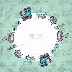 水彩手绘艺术线条艺术复古蒸汽朋克汽车框架复古贺卡模型模板与文本空间