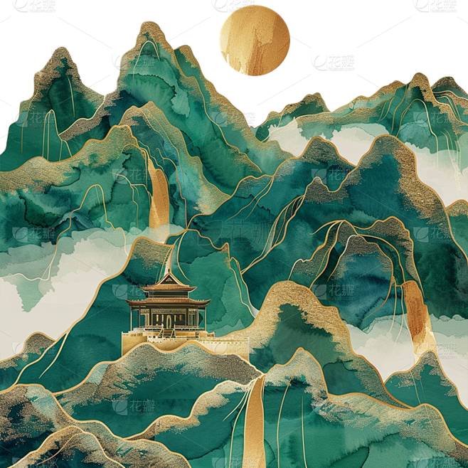 中国风通用铂金山水元素素材