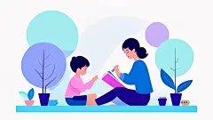 幼儿园，一个妈妈和一个小男孩，有的看书，有的画画，有的跳舞，书桌，班级